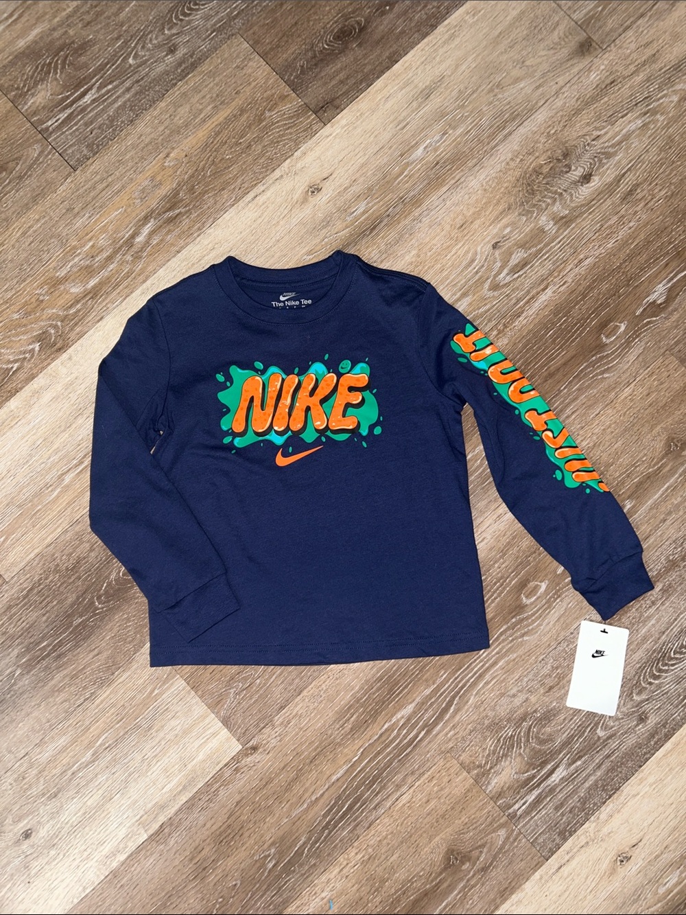 NEW Nike Navy Long-Sleeve Tee with Orange & Green Graphic